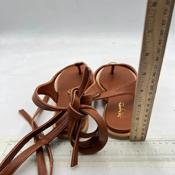 XYD Brown Open Toe Metal Gold Hardware Flip Flops Ankle Wrap Lace-up Flat Sandal - Picture 5 of 8